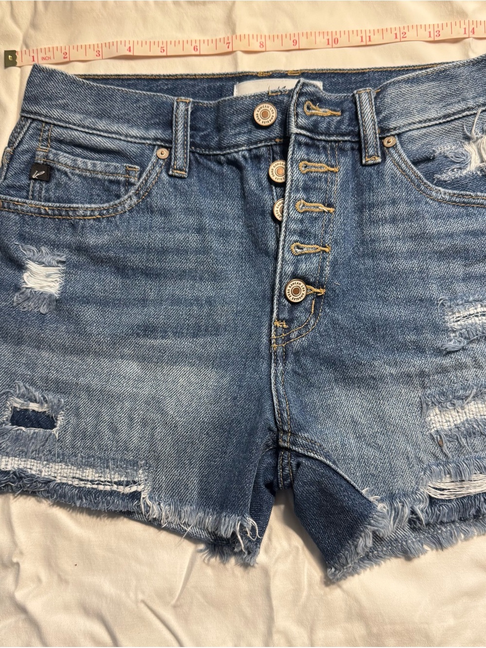 Kan Can Distressed High-Waist Denim Shorts - Blue
